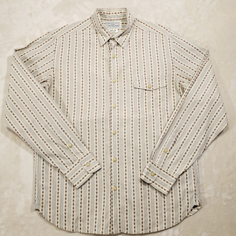Lucky Brand Button Up Shirt Mens Medium Gray Tan Striped Cotton Western Striped